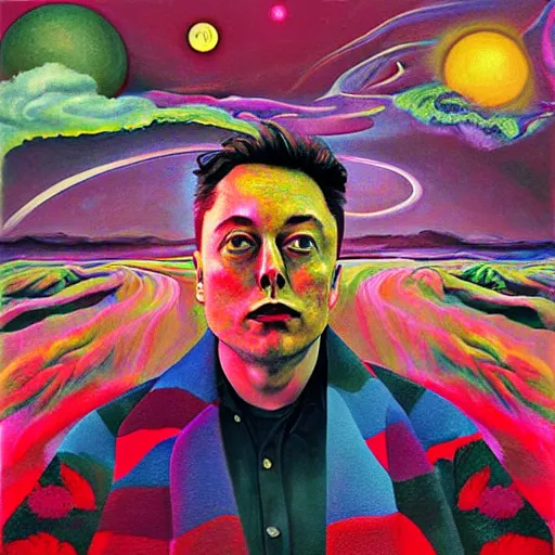 Image similar to Surrealist Portrait painting of Elon Musk's Acid Trip, album cover