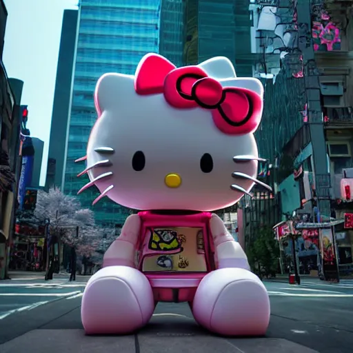 Image similar to a beautiful hyperrealistic ultradetailed 3D render of a humongous hello kitty themed mecha standing in the city, by brian sum and stephen martiniere and Antonio Manzanedo. mech, dragon, unreal engine, octane render, PBR, 3D, brilliantly colored, intricate, wide angle, volumetric lighting, polished, path tracing