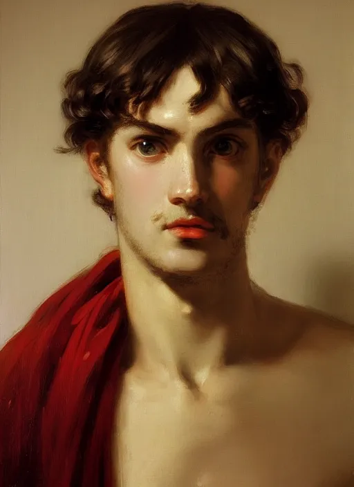 Prompt: extreme close up portrait of an ancient greek, by ilya kuvshinov, by thomas lawrence, by bayard wu, symmetrical