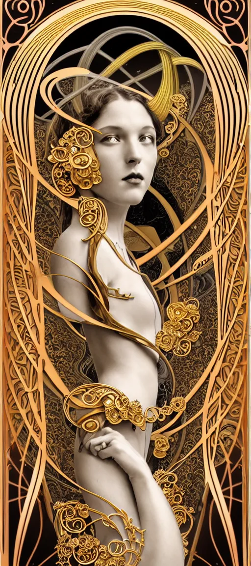 Image similar to the source of future growth dramatic, elaborate emotive Art Nouveau styles to emphasise beauty as a transcendental, seamless pattern, symmetrical, large motifs, hyper realistic, 8k image, 3D, supersharp, Art nouveau 3D curves and swirls, copper and Gold pipes, silk ribbons and golden chains, swarovski crystals, iridescent and black and shiny gold colors , perfect symmetry, iridescent, High Definition, sci-fi, Octane render in Maya and Houdini, light, shadows, reflections, photorealistic, masterpiece, smooth gradients, no blur, sharp focus, photorealistic, insanely detailed and intricate, cinematic lighting, Octane render, epic scene, 8K