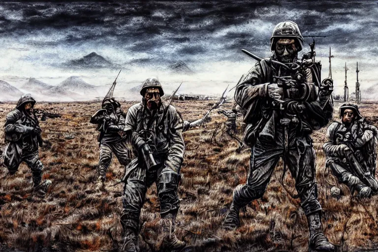 Prompt: war huh what is it good for, photoillustration ink drawing acrylic art digital illustration oil on canvas photorealistic polished sci - fi james gurney filmic stock photo landscape polished photorealistic