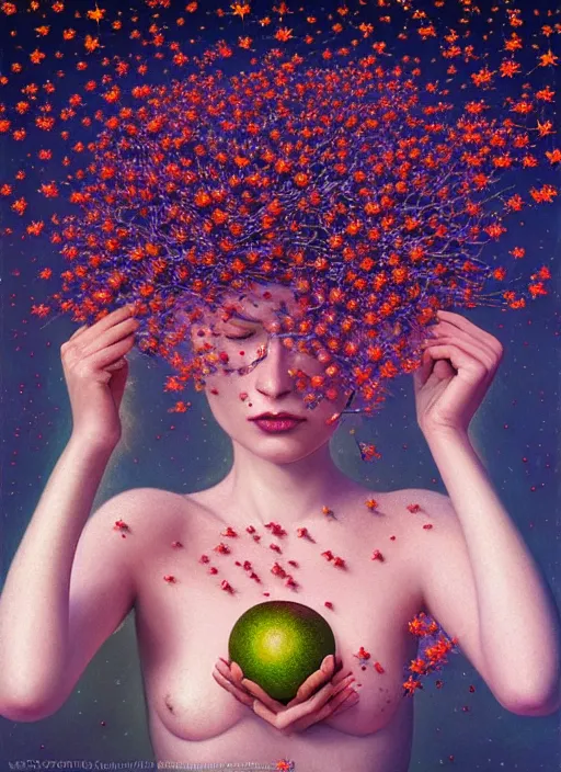 Image similar to hyper detailed 3d render like a Oil painting - Aurora (Singer) Eats of the Strangling Fruit of penance and Her Hands full of gossamer polyp blossoms bring iridescent fungal flowers whose spores black the foolish stars by Jacek Yerka, Mariusz Lewandowski, Houdini algorithmic generative render, Abstract brush strokes, Masterpiece, Edward Hopper and James Gilleard, Zdzislaw Beksinski, Mark Ryden, Wolfgang Lettl, hints of Yayoi Kasuma, octane render, 8k