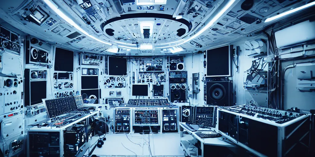 Prompt: giant speaker system music recording studio in the interior of an international space station. electronic dj equipment, modular synthesizer. photorealistic 35mm 4k cgsociety