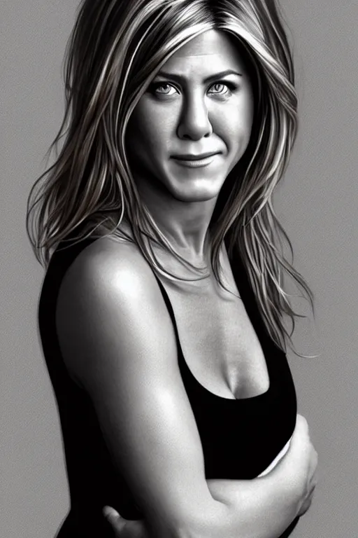 Image similar to pregnant jennifer aniston in a black tank top, realistic portrait, symmetrical, highly detailed, digital painting, artstation, concept art, smooth, sharp focus, illustration, cinematic lighting, art by artgerm and greg rutkowski and alphonse mucha