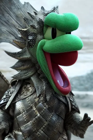 Image similar to very very intricate photorealistic photo of yoshi in an episode of game of thrones, photo is in focus with detailed atmospheric lighting, award - winning details