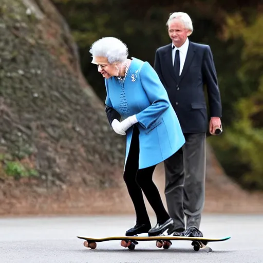 Image similar to queen elizabeth riding a skateboard