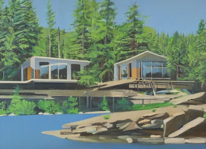 Prompt: a 1 9 7 0 s modern lake retreat in new england, oil on canvas by robert bechtle, 1 9 7 0 s