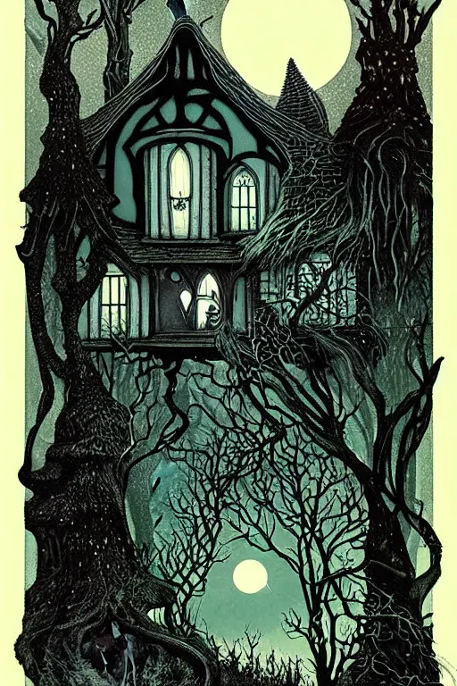 Prompt: fairytale cottage in haunted woods with moonlight, dark and gothic, full frame, art by brom and kay nielsen, color engraving, vector, vector art