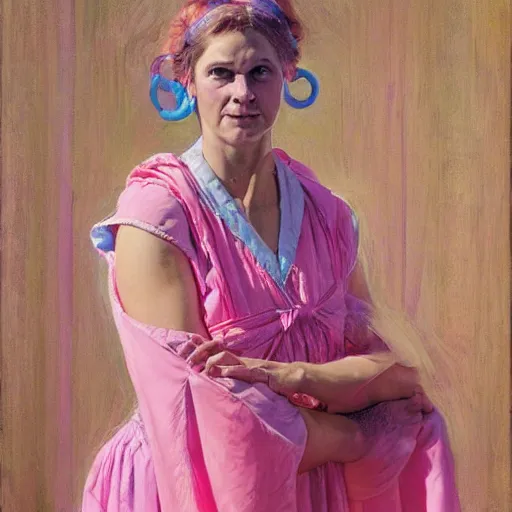 Prompt: a frontal portrait of a priestess, dressed in pink and blue, so happy that her face hurts, by donato giancola and norman rockwell.