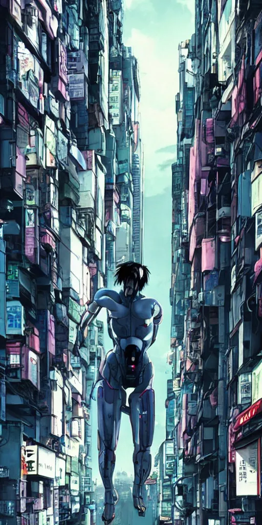 Image similar to ghost in the shell. cyborg running down the narrow street. cyberpunk city.