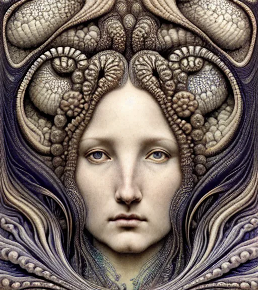 Image similar to detailed realistic beautiful tidepool goddess face portrait by jean delville, gustave dore, iris van herpen and marco mazzoni, art forms of nature by ernst haeckel, art nouveau, symbolist, visionary, gothic, neo - gothic, pre - raphaelite, fractal lace, intricate alien botanicals, ai biodiversity, surreality, hyperdetailed ultrasharp octane render