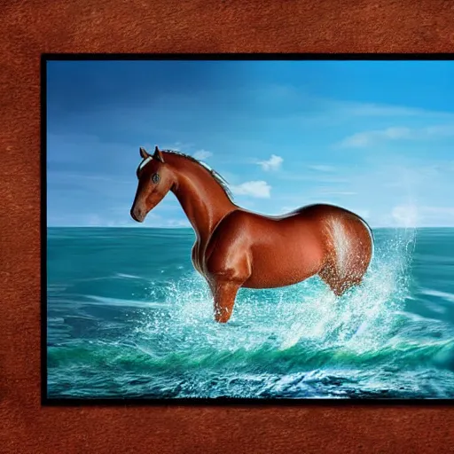 Image similar to horse swimming in the ocean with fork and knife, photorealistic, high detail