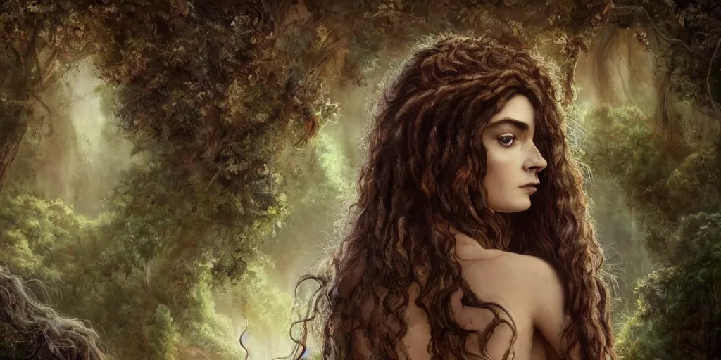 Prompt: a highly detailed matte painting of a contemplative looking pretty young faun woman with a mane of dark curly hair down her back, hope sandoval, stephanie leonidas, helena bonham carter, zendaya, trending on artstation,