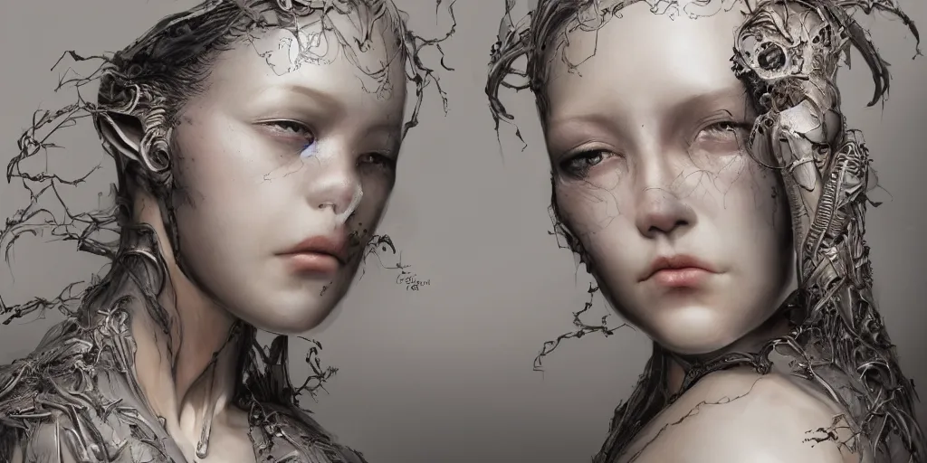 Image similar to hyper realistic photography of a stunningly beautiful cyborg female, incredibly beautiful, symmetrical face, intimate, holding close, hands, in the style of beth cavener, jin kagetsu,, and wlop, highly detailed, intricate filigree, masterpiece, award winning, sharp focus, concept art, ringflash lighting, ambient lighting, octane render, 8 k, artstation