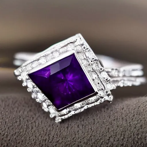 Prompt: a beautiful engagement ring, triangle purple gemstone, made out of shiny silver, high quality, photo realistic, detailed, 8k