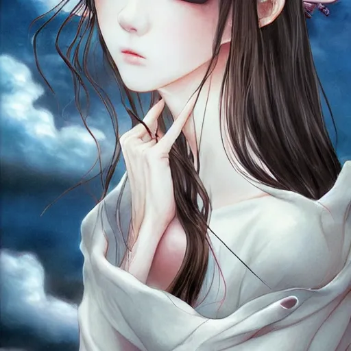 Image similar to young vampire and her black cat Portrait by Miho Hirano, full body ,manga, realistic, detailed, white, light pink tonalities, beautiful collage technique including clouds, sea, wind, ornate sea background, beautiful Fantasy detailed trending on artstation, oil painting,Dramatic lighting, eterea , high quality print, fine art with subtle redshift rendering