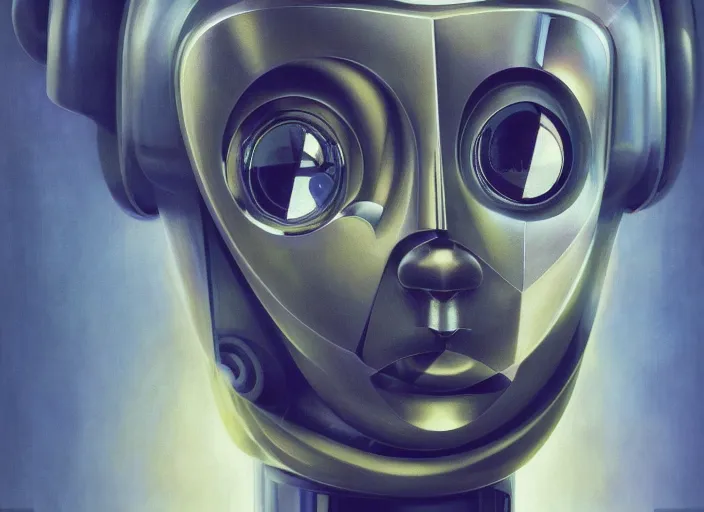 Image similar to a symmetrical portrait headshot of sci fi metallic human, bright eyes, melancholic complex geometric figure liminal biomechanics by oskar schlemmer, moebius, john berkey, film grain, oil on canvas, portrait facial head, featured on artstation, hd wallpaper, 8 k, bright colors, global radiant light