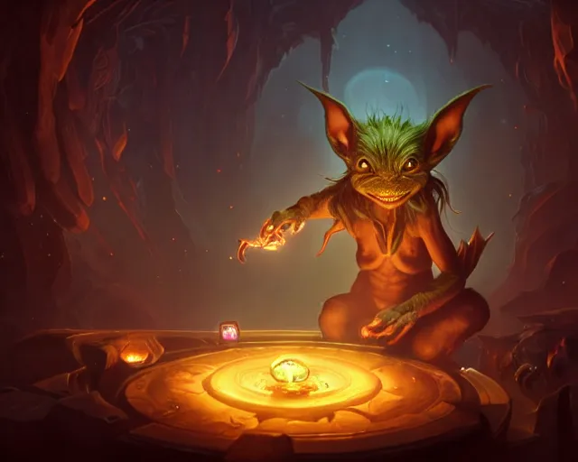 Image similar to a 4 k cinematic screenshot still portrait of a gremlin in a dark liminal space room surrounded by amber glow, deep focus, d & d, fantasy, intricate, elegant, highly detailed, digital painting, art station, concept art, matte, sharp focus, illustration, dark fantasy style art, hearthstone, art by artgerm and greg rutkowski and alphonse mucha