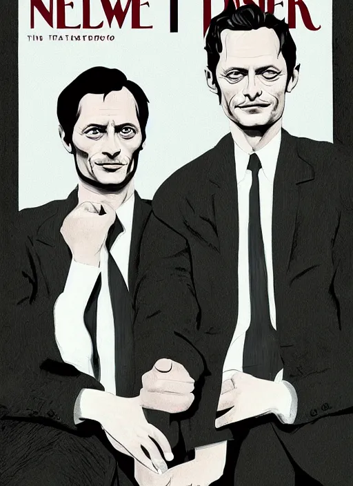 Image similar to Twin Peaks portrait of Mads Mikkelsen and Hugh Dancy holding hands romantically as they chaperone school dance by Michael Whelan, Bob Larkin and Tomer Hanuka, simple illustration, domestic, nostalgic, clean, Matte painting, trending on artstation and unreal engine, New Yorker magazine cover, 1980s romance book cover