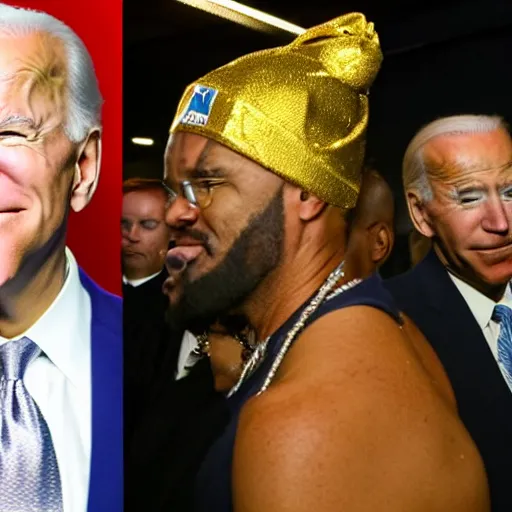 Image similar to gangster joe biden with gold teeth wearing a durag