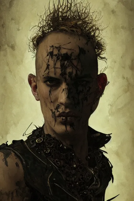 Prompt: an ugly young man, shaved head, gothic, tattered leather coat, intricate, elegant, dramatic lighting, highly detailed, lifelike, photorealistic, digital painting, artstation, illustration, concept art, smooth, sharp focus, art by John Collier and Albert Aublet and Krenz Cushart and Artem Demura and Alphonse Mucha