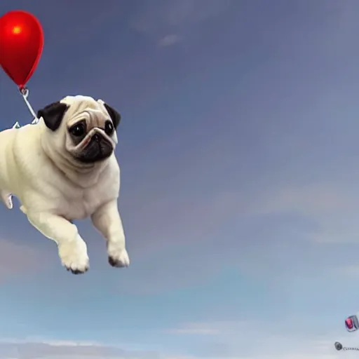 Image similar to a white pug as a superhero flying though the air, hyper realistic, photorealistic