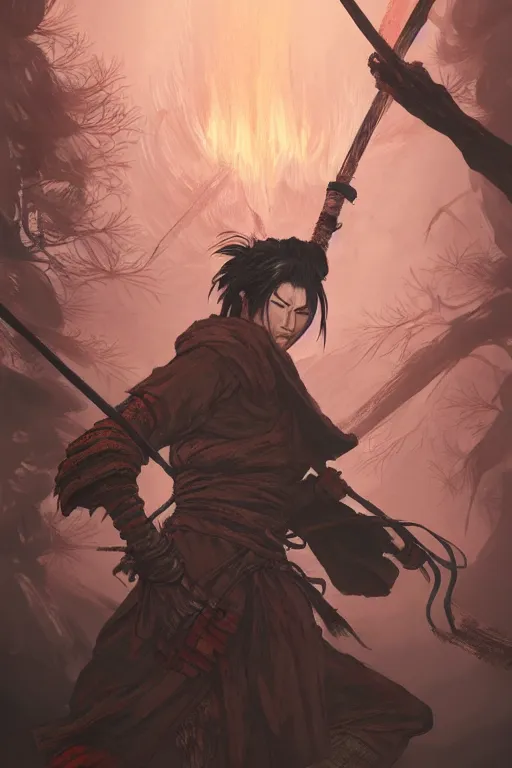 Prompt: Sekiro, digital painting, highly detailed, artstation, concept art, illustration, smooth, sharp focus, art by artgerm and greg rutkowski and alphonse mucha and loish and WLOP