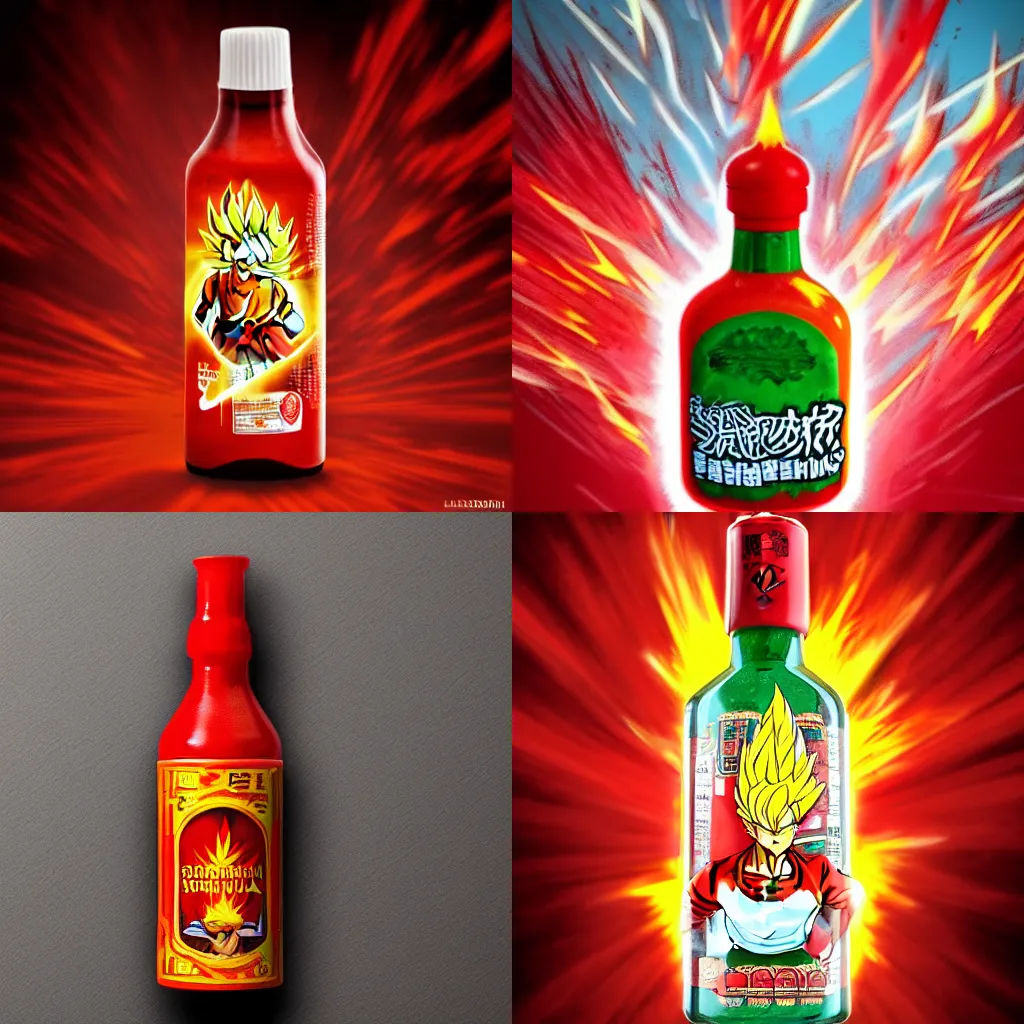 Prompt: a bottle of sriracha going super saiyan, anime artstyle, yellow, dramatic lighting, bright