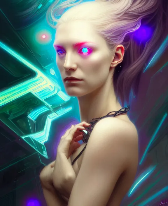 Image similar to a whirlwind of souls rushing inside the metaverse, hologram, half body, neurochip, shaved temple, piercing, jewelry, android, cyborg, cyberpunk face, by loish, d & d, fantasy, intricate, elegant, highly detailed, colorful, digital painting, artstation, concept art, art by artgerm and greg rutkowski and alphonse mucha