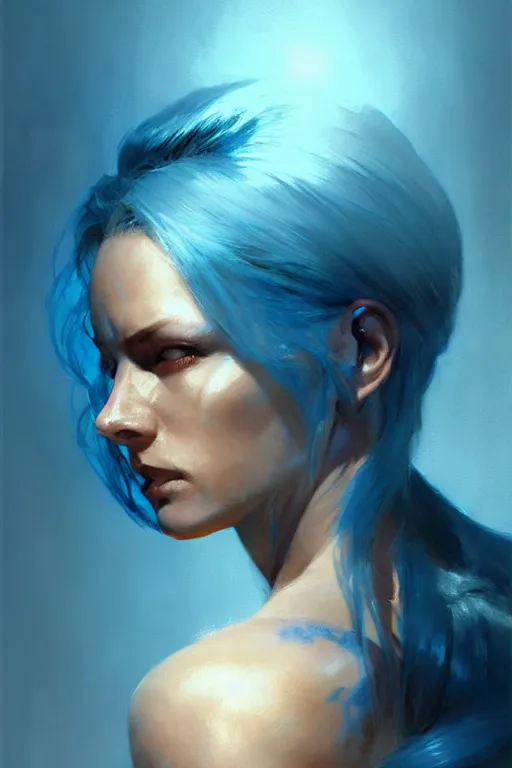 Prompt: assassin woman, beautifully backlit flowing light blue hair, painting by alphonse murac, craig mullins, collaborative artwork, detailed
