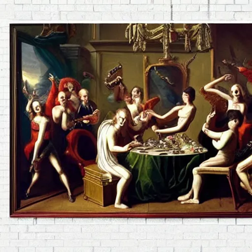 Image similar to liberals partying with a Xenomorph, hyper realistic, oil painting, mid 18th century