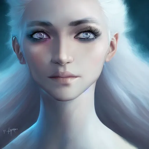 Image similar to fantasy portrait of a female human adventurer with white skin, white hair, white eyes without pupils, slightly - pointed ears, short wavy hair, eyebrow scar, trending on artstation, ethereal, gentle smile, friendly, glowing, angled