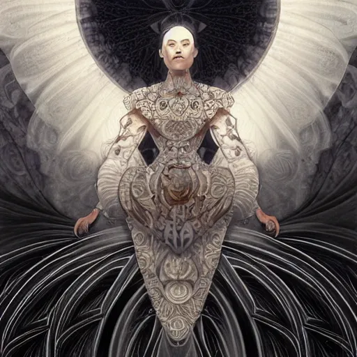 Image similar to a beautiful and detailed illustration of a black lotus with fractal fibonaucci sequence petals, in the style of magic the gathering, highly detailed, digital painting, unholy union, white church background, god rays, volumetric lighting, octane render, 4 k resolution, art by artgerm and greg rutkowski and alphonse mucha, masterpiece, in a luminist baroque style