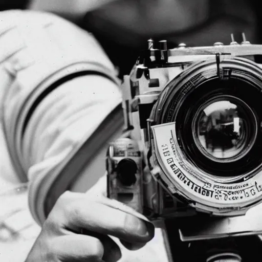 Image similar to an astronaut using a Lubitel 2 camera to take a photo of a beer