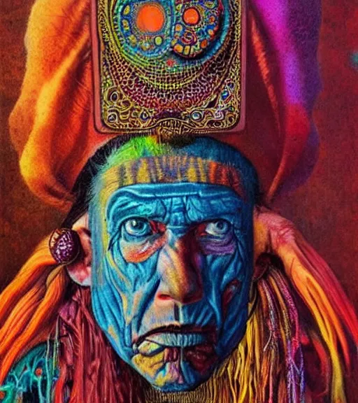 Image similar to Portrait painting in a style of Beksinski mixed with Alex Grey of an old shaman dressed in a colorful traditional clothes. Very psychodelic