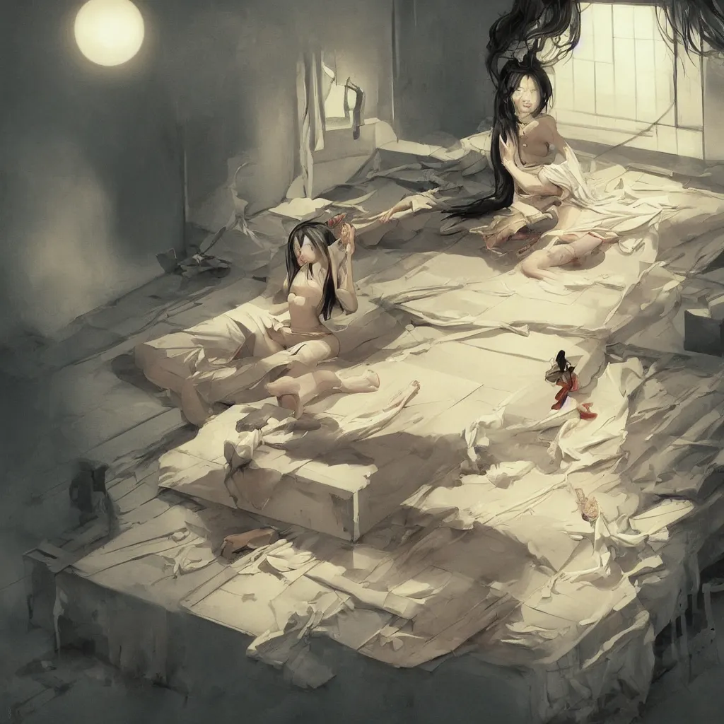 Prompt: famous japanese actress girl seeing the shadow of her desires on the bed of abandoned nightmare house with a light from a window projecting her secret dreams in negative space, painting by Peter Mohrbacher, style of James Jean, Edward Hopper, Francis Bacon, colors of Mark Rothko, Frank Auerbach, trending on artstation, Greg Rutkowski, dark atmosphere