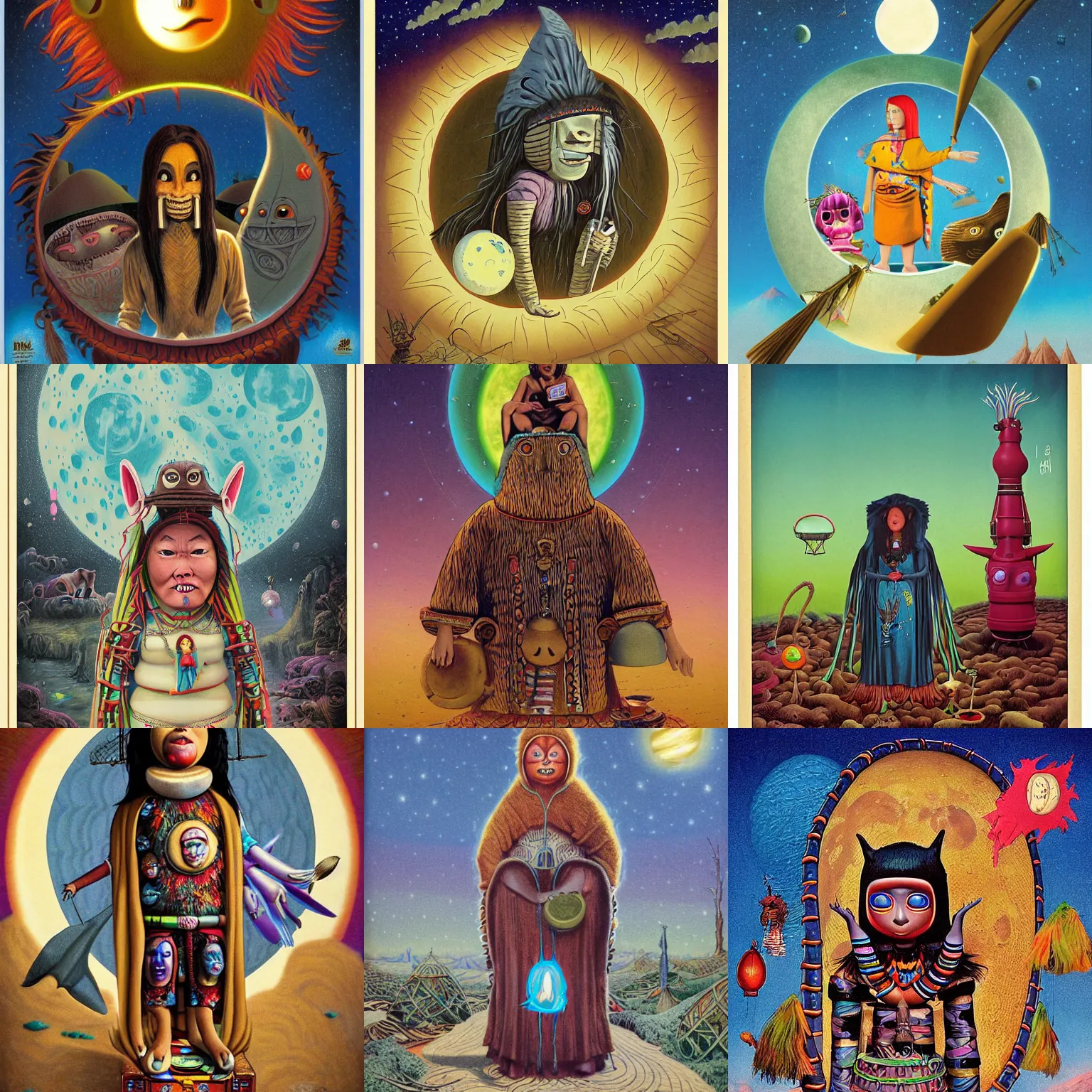 Prompt: a spiritual diagram poster artwork by john kenn mortensen, jim woodring, michael hutter, lisa frank, garbage pail kids style, of a futuristic woman selk'nam in the moon, aboriginal capirote, plastic toy filleting technique