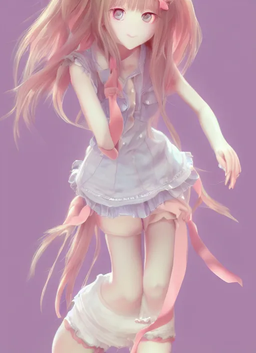 Image similar to the most beautiful cute anime girl full body shot with highly detailed eyes, professional 3 d visualisation in pastel colours, by wlop, intricate linework, trending on artstation, unreal engine 5 highly rendered