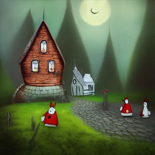 Prompt: realistic moomin house in haunted forest, creepy ambiance, digital painting