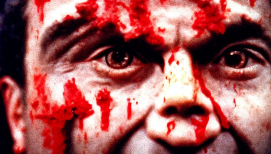 Image similar to 1 9 6 0 s movie still close - up of marcus atilius regulus'face with blood in the eyes down the eyes, cinestill 8 0 0 t 3 5 mm, high quality, heavy grain, high detail, texture, dramatic light