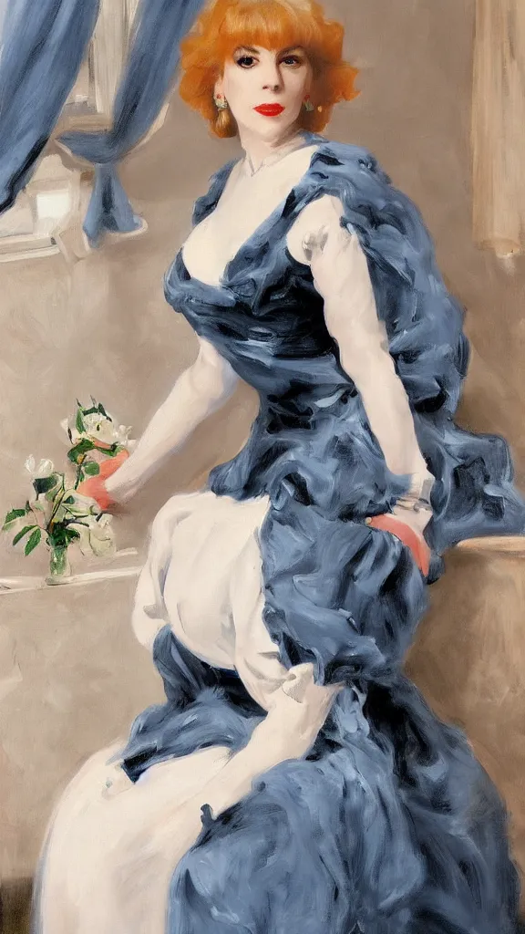 Image similar to portrait of julee cruise in white balloon sleeve dress detailed curtain beside a pot of blue roses, a detailed persian painted by john singer sargent