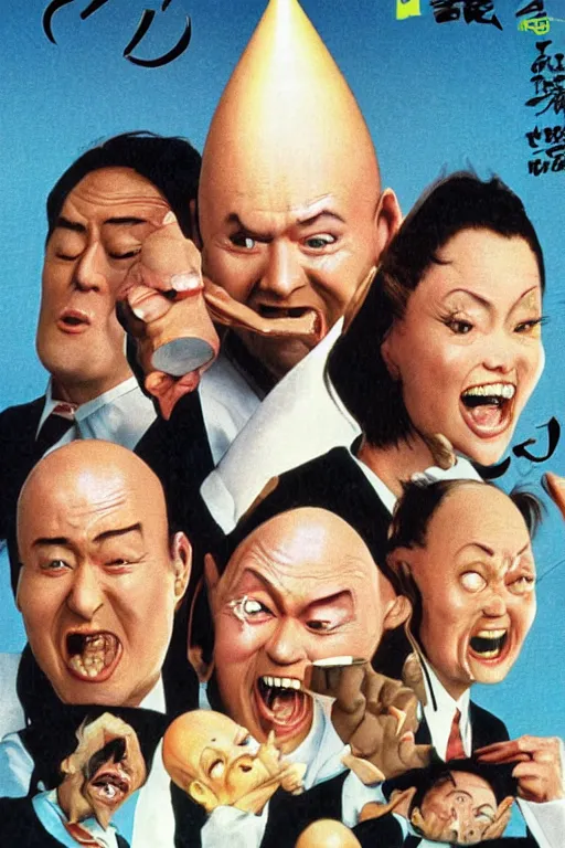 Image similar to coneheads, japanese vhs cover art, detailed facial expressions