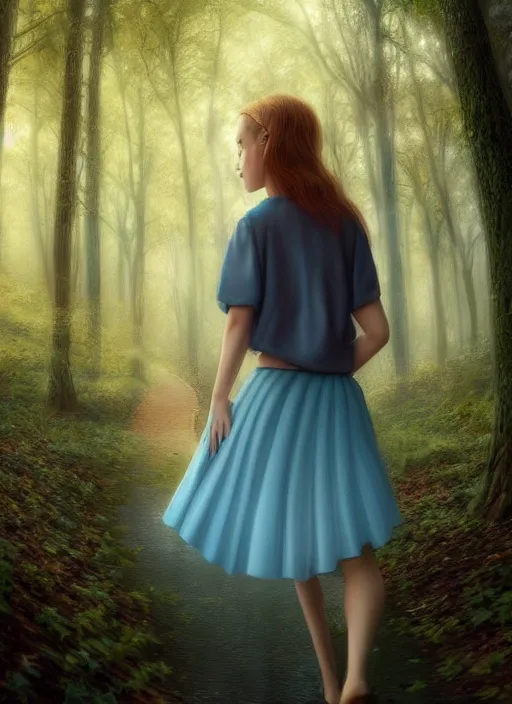 Image similar to young woman walking short blue skirt : : magic raining forest nature : : weta disney pixar movie still photo : : decadent highly - detailed digital painting, full length shot, golden ratio, octane render, artstation, smooth, sharp focus, artgerm, mucha, loish, wlop, gogo