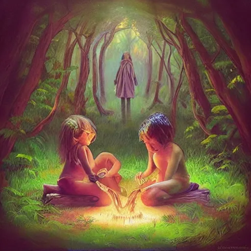 Prompt: “ childs in a magical forest making ritual, artwork, fantasy, face detailed ”