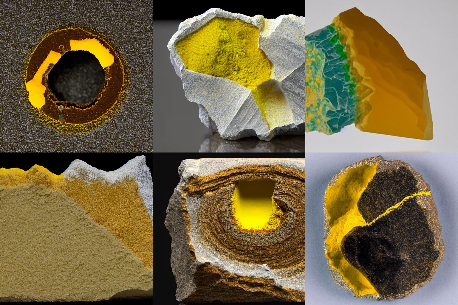 Prompt: cross section of a mineral with caleidoscopic sulfur spectrum displayed in the Royal Museum of Geology, f/3.5, ISO 100