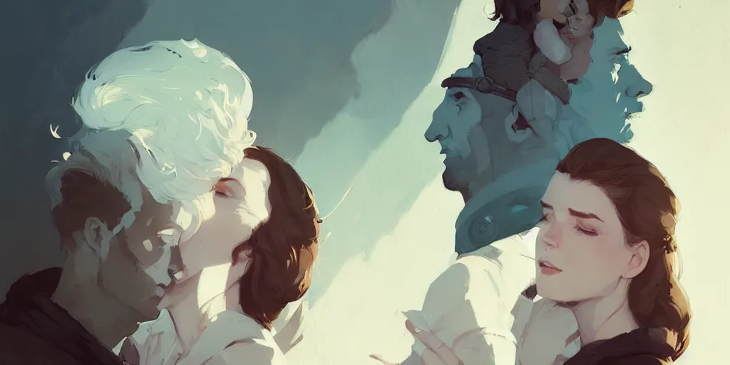 Image similar to portrait of cullen with a beautiful woman he loves by atey ghailan, by greg rutkowski, by greg tocchini, by james gilleard, by joe fenton, by kaethe butcher, dynamic lighting, gradient light blue, brown, blonde cream and white color scheme, grunge aesthetic