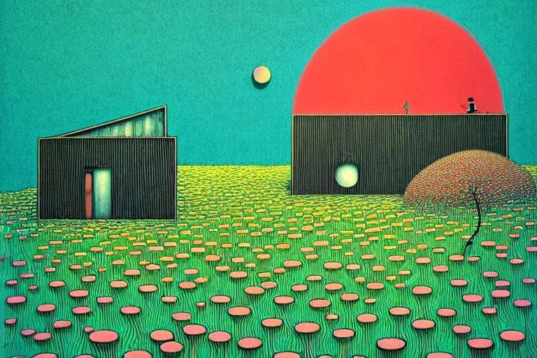 Image similar to surreal glimpse into other universe, house by kengo kuma, summer morning, very coherent and colorful high contrast, art by!!!! gediminas pranckevicius!!!!, geof darrow, floralpunk screen printing woodblock, dark shadows, hard lighting, stipple brush technique,