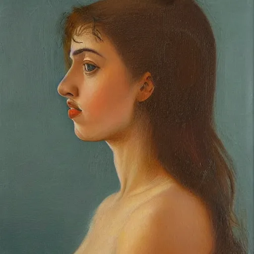 Image similar to a detailed side view portrait oil painting of a very young italian woman resembling scarlett johansson and ana de armas, by sandro boticelli, in the style of boticelli's young woman in mythological guise