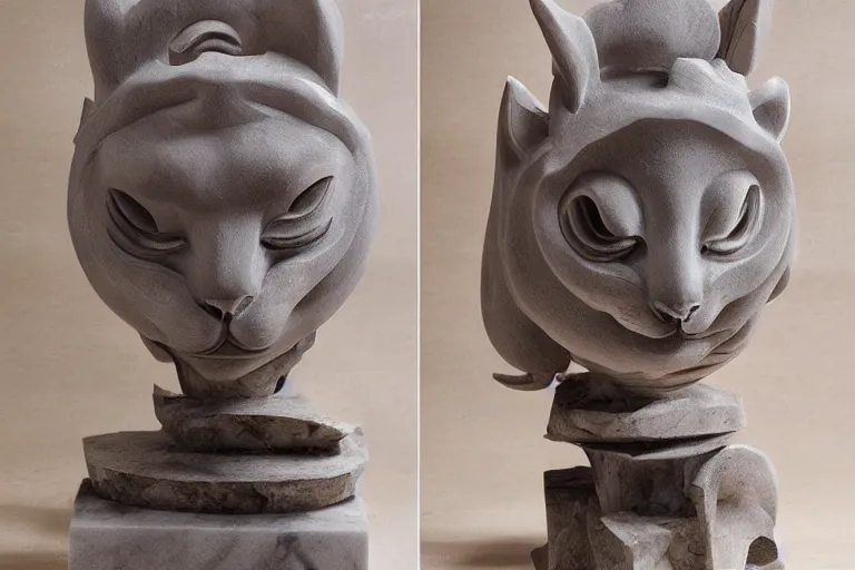 Prompt: a cinematic view of a ornated cat statue made with marble using oni wooden mask