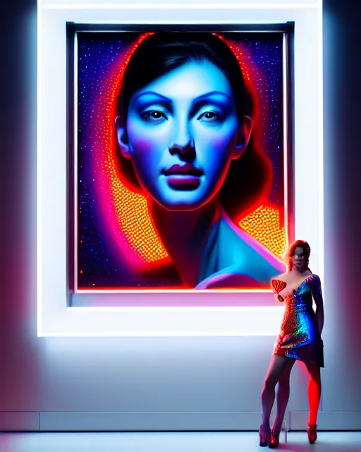 Image similar to beauty woman in holograms of alien artifacts, electrical case display, total recall tech, , ultrarealistic, dramatic lighting, electrical details, high details, 4k, 8k, best, accurate, trending on artstation, artstation, photorealism, ultrarealistic, digital painting, style of Tristan Eaton Stanley Artgerm and Hajime Sorayama, Caravaggio, Boris Vallejo